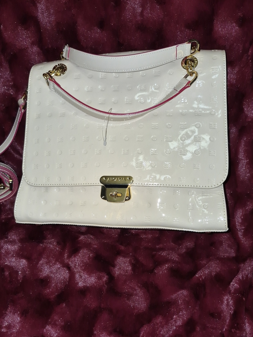 Arcadia White Patent Leather Satchel with Pink Trim and Gold Hardware